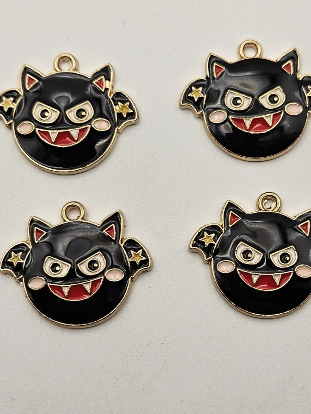 4 Black Enamel Bat Charms Halloween Gold Tone Jewelry Making